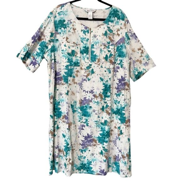Drapers & Damons Women Linen Blend White Green Purple Floral Shift Dress Size 2X - Picture 1 of 8